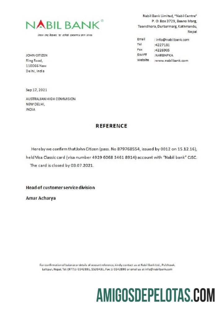 Referência de fechamento do banco Nabil da Índia amostra